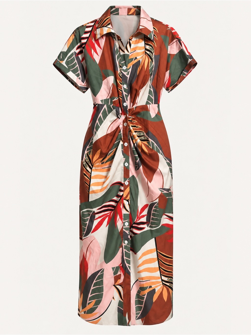 SHEIN Tropical Leaf Button Front Midi Shirt Dress Size L Tie Waist